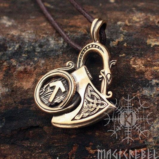 Viking Sekira Axe Dragon Pendant, Tiwaz Rune Nordic Bronze Necklace