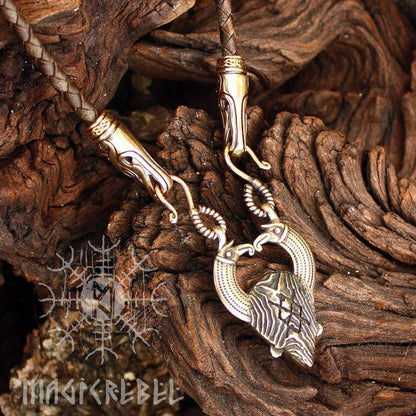 Viking Pendant Odin Huginn Muninn Ravens Gungnir Rune Gar Spear Pendant Wolf Heads Braided Leather Cord Necklace