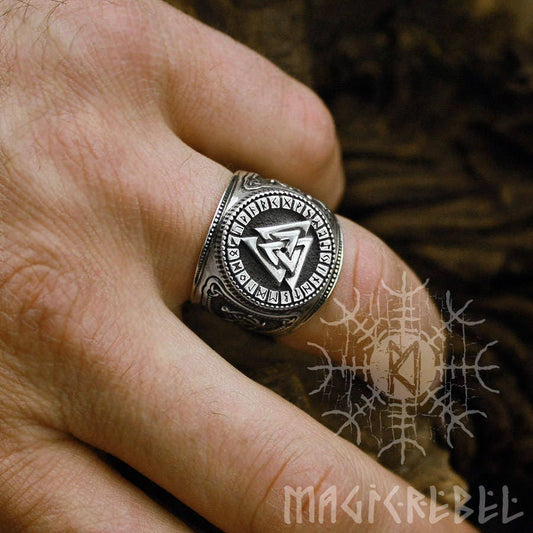 Silver Viking Valknut Mens Ring, Futhark Runes Odin Nordic Adjustable Size Ring