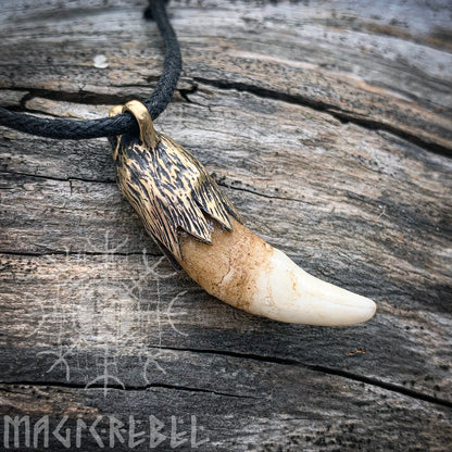 Wolf Fang Viking Pendant, Tusk Pagan Pendant, Tribal Bronze Amulet Necklace
