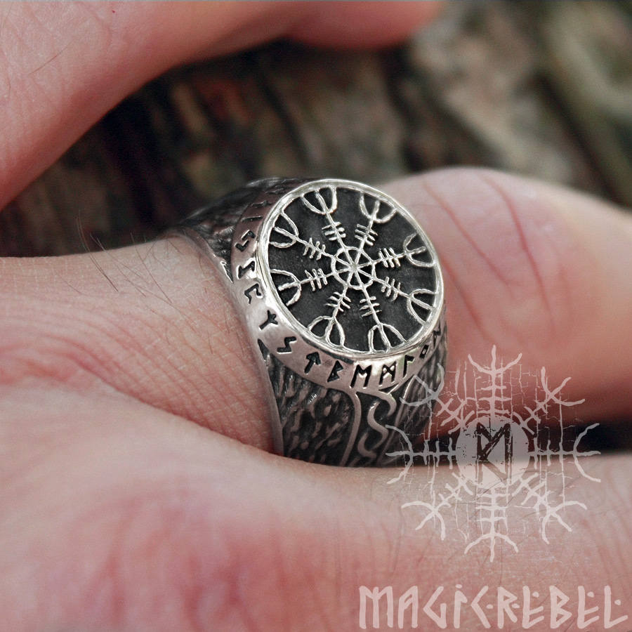 Silver Viking Ring Helm of Awe Aegishjalmur Futhark Magic Stave Runic Adjustable Size Ring