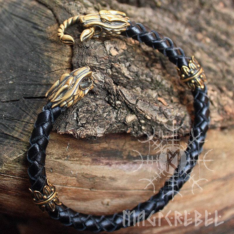 Viking Handmade Braided Black Genuine Leather Bracelet with Bronze Wolf Heads