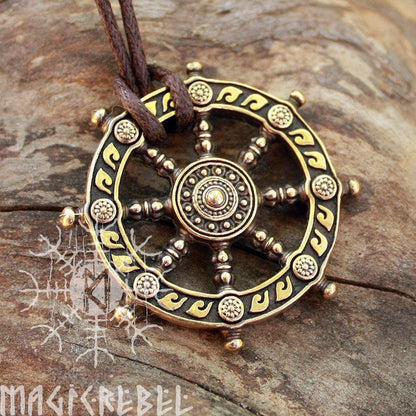 Dharma Necklace, Dharmachakra, Wheel of Life, Samsara Bronze Amulet, Buddhist Talisman Pendant