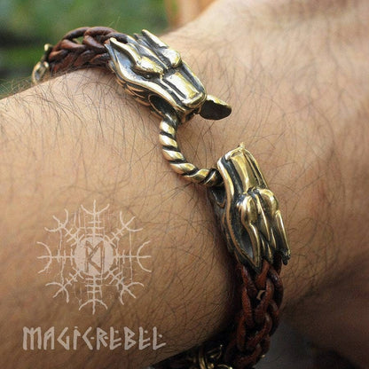 Viking Handmade Braided Brown Round Genuine Leather Bracelet with Bronze Wolf Heads