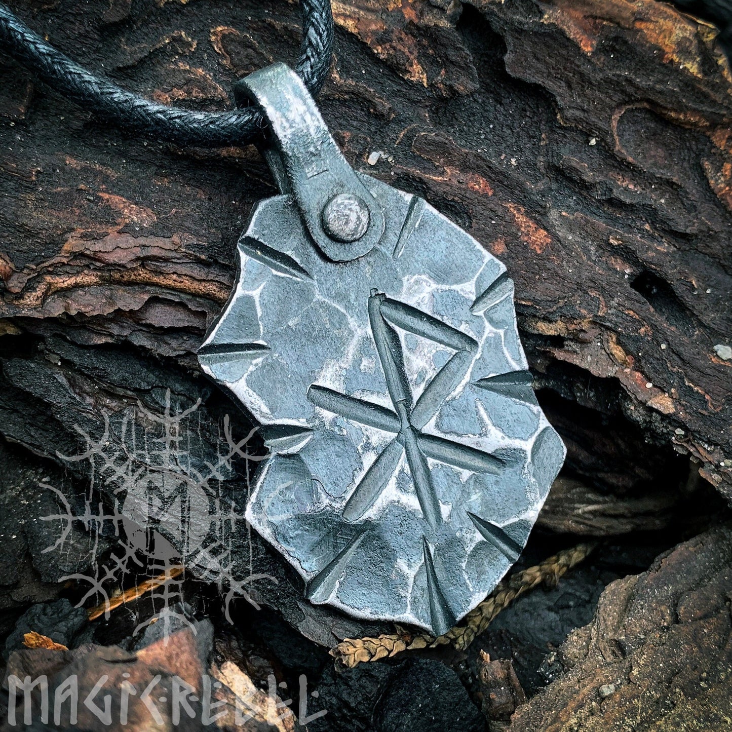 Forged Iron Love Rune Pendant, Viking Runic Amulet, Nordic Rustic Hammered Talisman Necklace