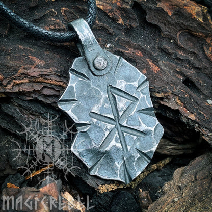Forged Iron Love Rune Pendant, Viking Runic Amulet, Nordic Rustic Hammered Talisman Necklace