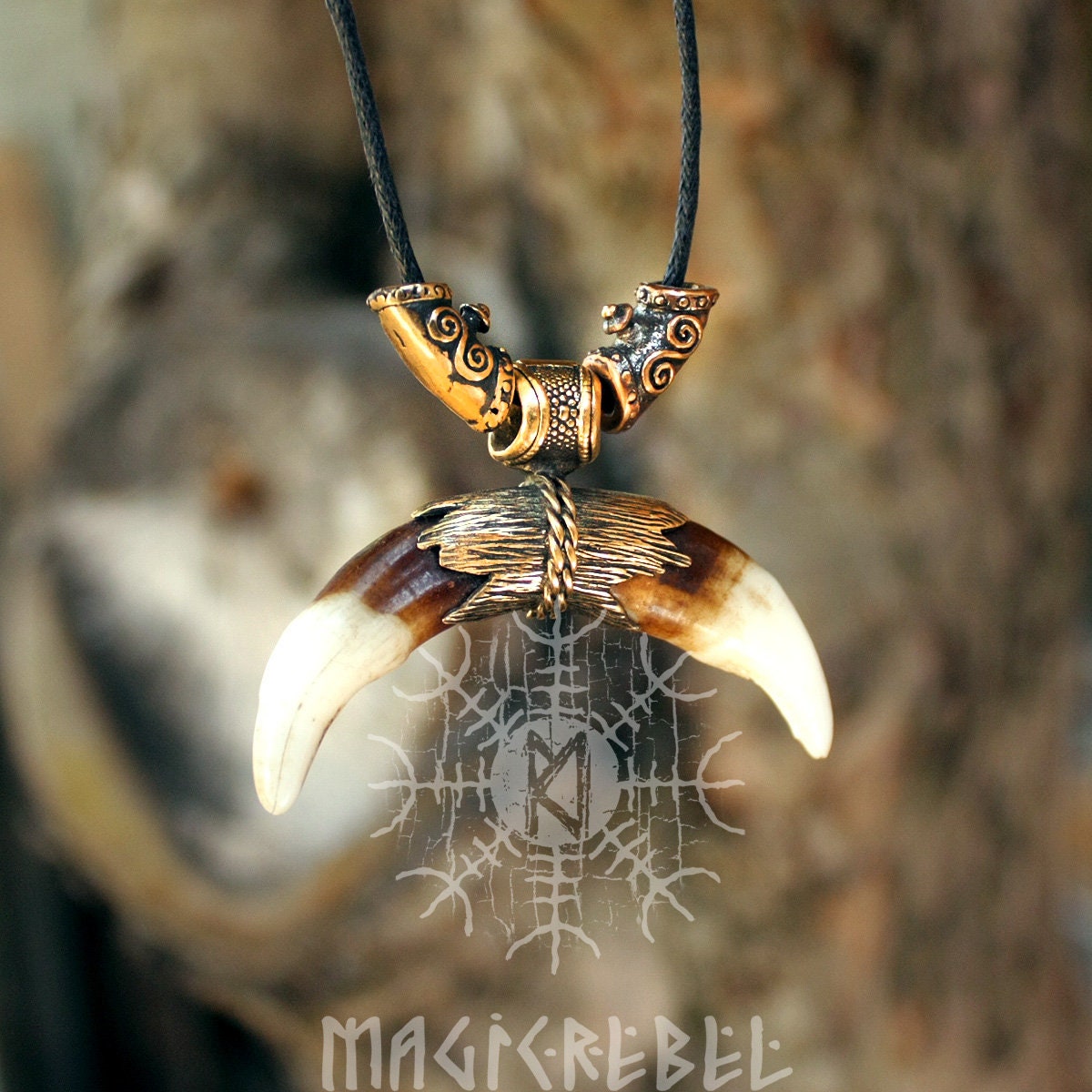 Viking Wolf Fangs Tribal Nordic Tusk Bronze Amulet Necklace