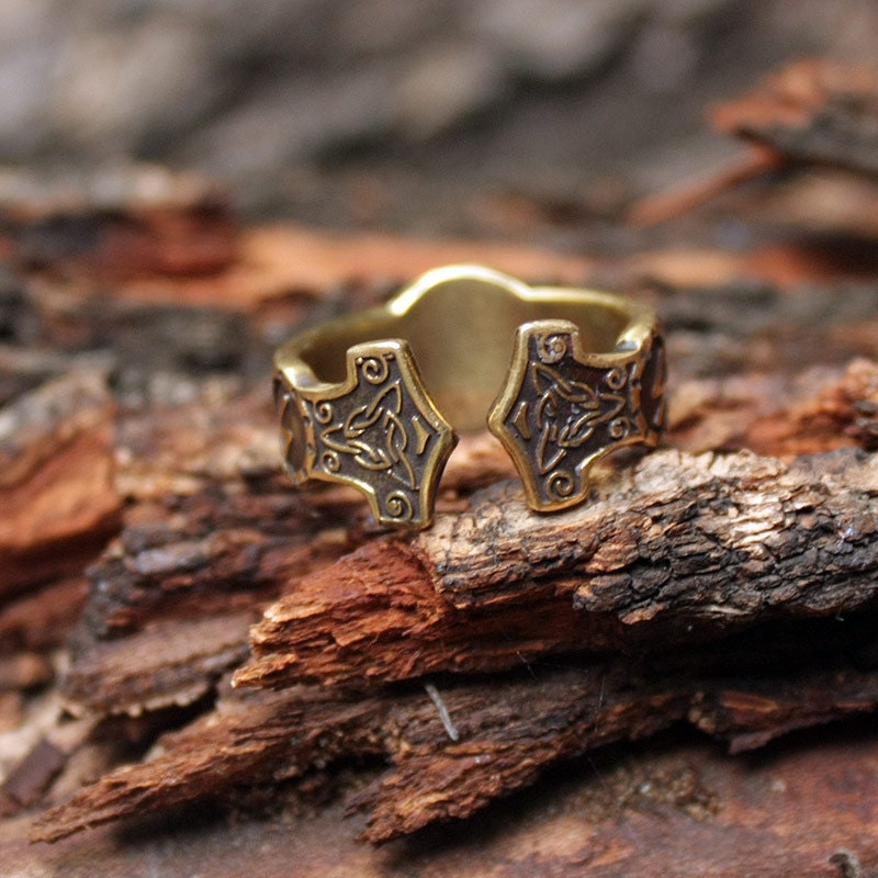 Tiwaz Sowilo Runes Viking Ring, Mjolnir Thor Hammer Bronze Amulet, Nordic Adjustable size