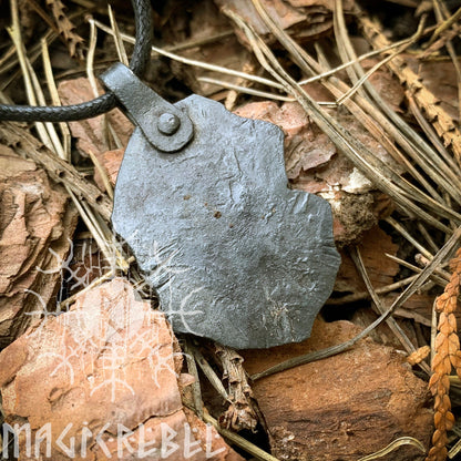 Forged Iron Wolf Rune Pendant, Viking Fenrir Runic Amulet, Nordic Rustic Hammered Talisman Necklace