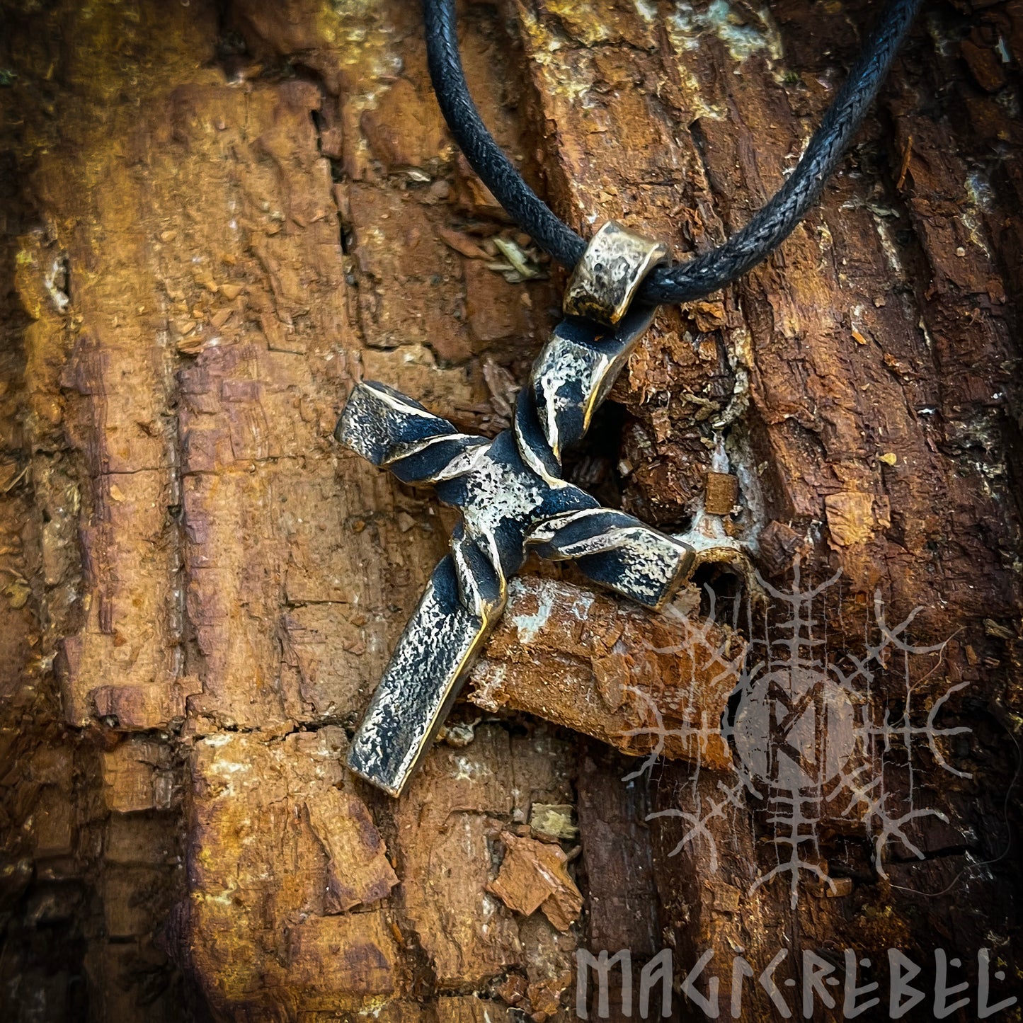 Bronze Cross Twisted Crucifix Pendant, Rustic Hammered Necklace Christian Necklace