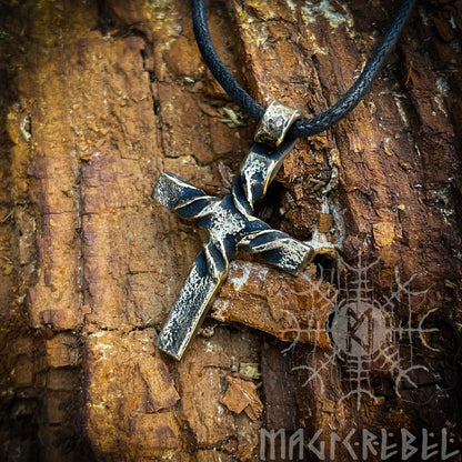 Bronze Cross Twisted Crucifix Pendant, Rustic Hammered Necklace Christian Necklace