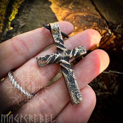 Bronze Cross Twisted Crucifix Pendant, Rustic Hammered Necklace Christian Necklace