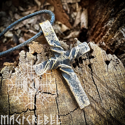 Bronze Cross Twisted Crucifix Pendant, Rustic Hammered Necklace Christian Necklace