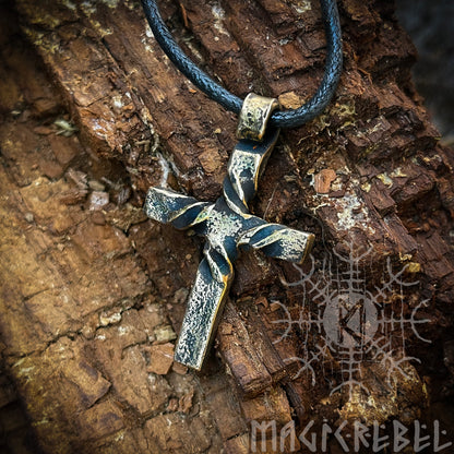 Bronze Cross Twisted Crucifix Pendant, Rustic Hammered Necklace Christian Necklace