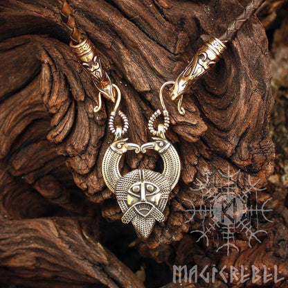 Viking Pendant Odin Huginn Muninn Ravens Gungnir Rune Gar Spear Pendant Wolf Heads Braided Leather Cord Necklace
