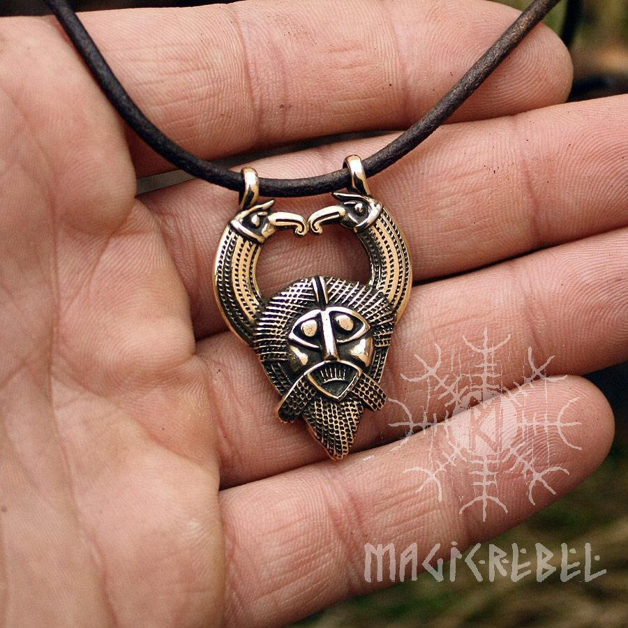Odin Viking Pendant, Huginn Muninn Ravens, Nordic God, Rune Gar, Spear Necklace, Bronze Pendant