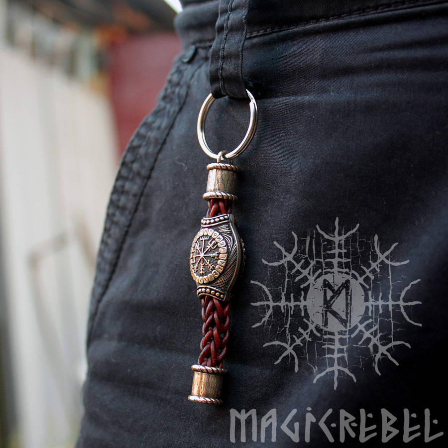 Bronze Vegvisir Aegishjalmur Bead Handmade Braided Brown Genuine Leather Keychain Zipper Charm