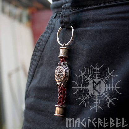 Bronze Vegvisir Aegishjalmur Bead Handmade Braided Brown Genuine Leather Keychain Zipper Charm