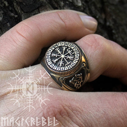 Viking Style Vegvisir Bronze Ring, Adjustable Size Nordic Futhark Jewelry