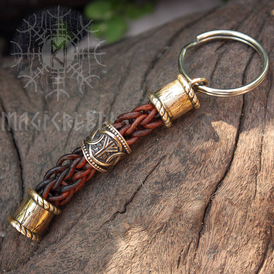 Teiwaz Algiz Runes Bead, Viking Handmade Braided Brown Genuine Leather Keychain Knot