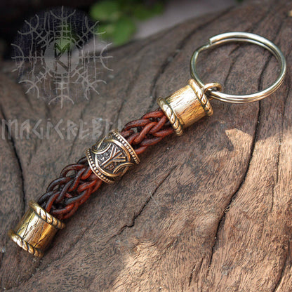 Teiwaz Algiz Runes Bead, Viking Handmade Braided Brown Genuine Leather Keychain Knot