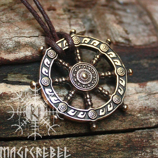 Dharma Necklace, Dharmachakra, Wheel of Life, Samsara Bronze Amulet, Buddhist Talisman Pendant