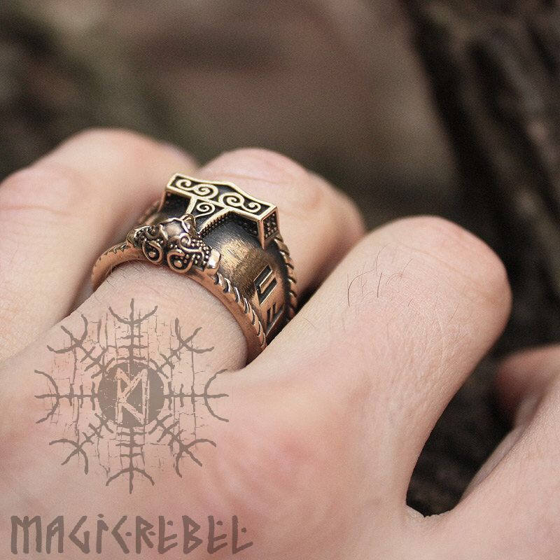 Viking Bronze AUJA Ring. Good Luck Runes, Mjolnir Thor Hammer Nordic Adjustable Size