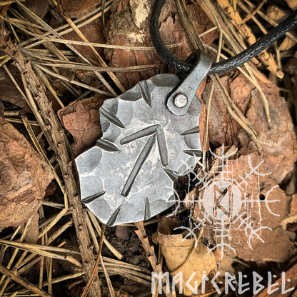 Forged Iron Teiwaz Rune, Viking Runic Amulet Nordic Pendant, Hammered Talisman Necklace