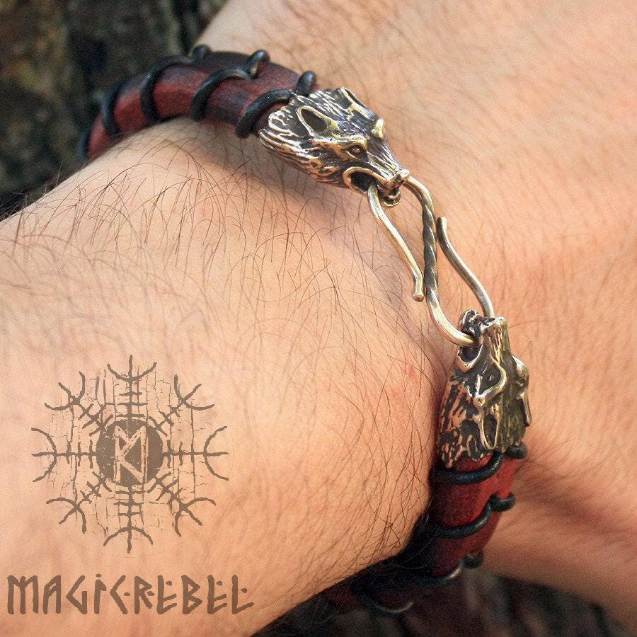 Viking Wolf Head Bracelet Handmade Bronze Fenrir Braided Genuine Leather Cuff