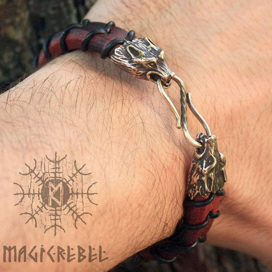 Viking Wolf Head Bracelet Handmade Bronze Fenrir Braided Genuine Leather Cuff