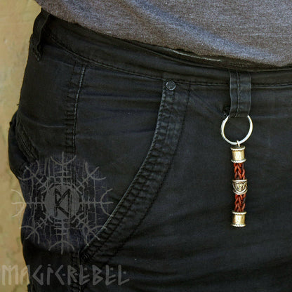 Teiwaz Algiz Runes Bead, Viking Handmade Braided Brown Genuine Leather Keychain Knot
