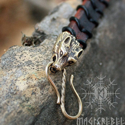 Viking Wolf Head Bracelet Handmade Bronze Fenrir Braided Genuine Leather Cuff
