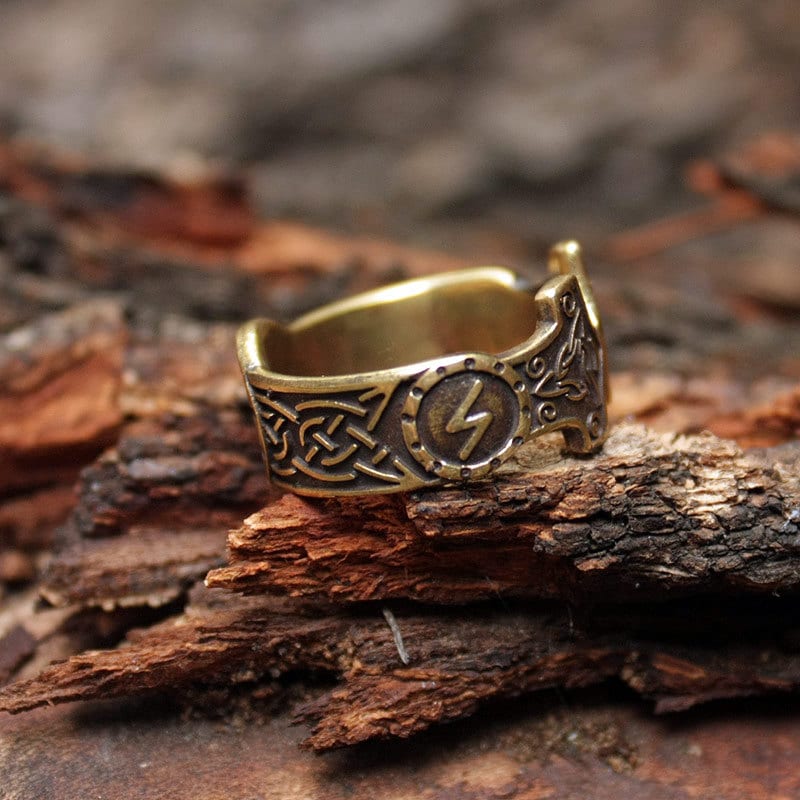 Tiwaz Sowilo Runes Viking Ring, Mjolnir Thor Hammer Bronze Amulet, Nordic Adjustable size