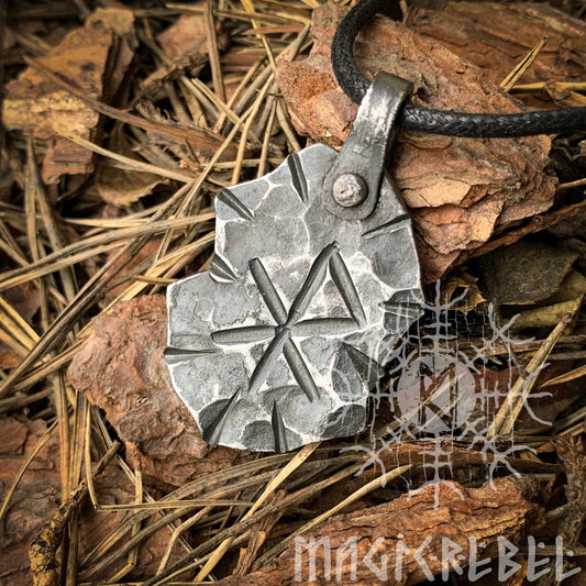 Forged Iron Love Rune Pendant, Viking Runic Amulet, Nordic Rustic Hammered Talisman Necklace