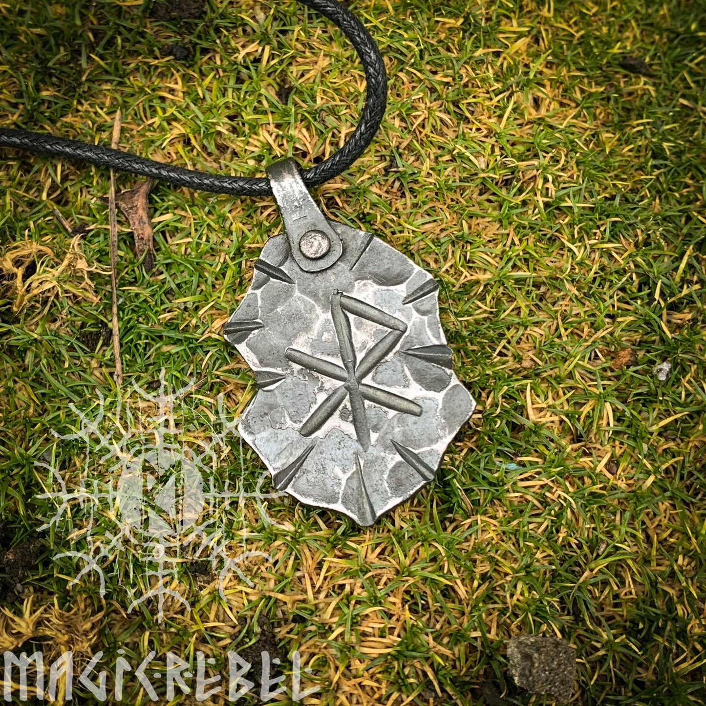 Forged Iron Love Rune Pendant, Viking Runic Amulet, Nordic Rustic Hammered Talisman Necklace