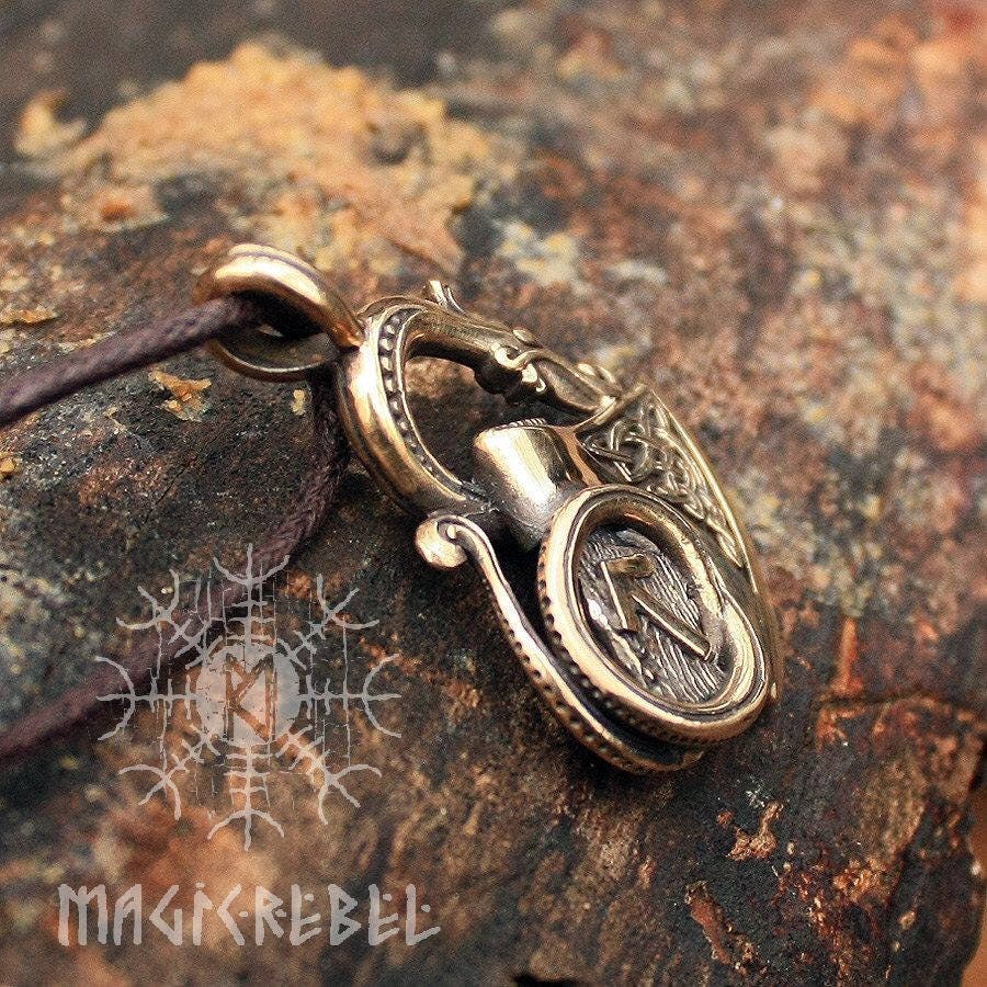 Viking Sekira Axe Dragon Pendant, Tiwaz Rune Nordic Bronze Necklace