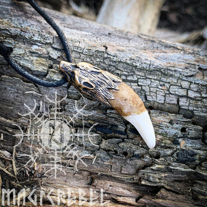 Wolf Fang Viking Pendant, Tusk Pagan Pendant, Tribal Bronze Amulet Necklace
