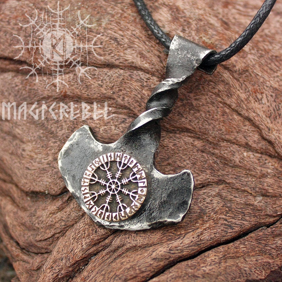 Forged Iron Thor Hammer Viking Mjolnir Bronze Aegishjalmur Helm of Awe Futhark Handmade Pendant