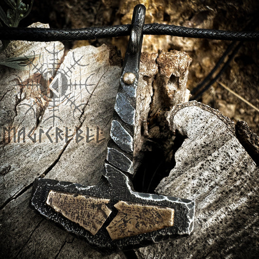 Forged Iron Viking Thor Hammer Handmade Mjolnir Thunderbolt Nordic Pagan Medieval Pendant Necklace