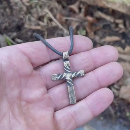 Bronze Cross Twisted Crucifix Pendant, Rustic Hammered Necklace Christian Necklace