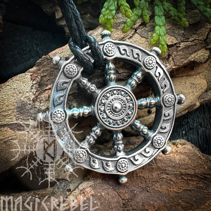 Silver Dharma Necklace, Dharmachakra, Wheel of Life, Samsara Amulet, Buddhist Talisman Pendant