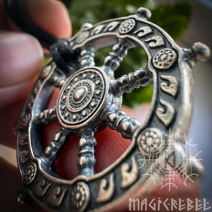 Silver Dharma Necklace, Dharmachakra, Wheel of Life, Samsara Amulet, Buddhist Talisman Pendant