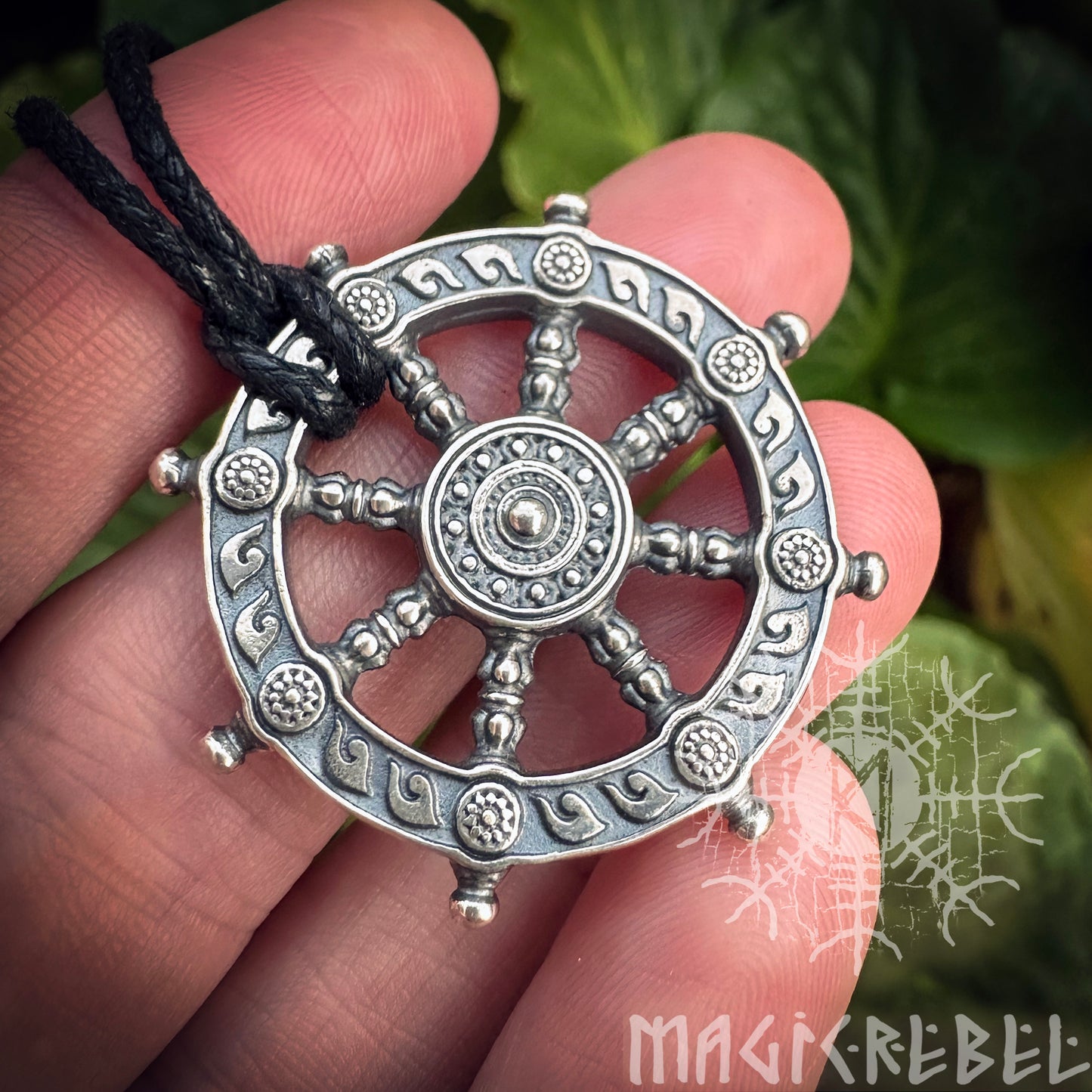 Silver Dharma Necklace, Dharmachakra, Wheel of Life, Samsara Amulet, Buddhist Talisman Pendant