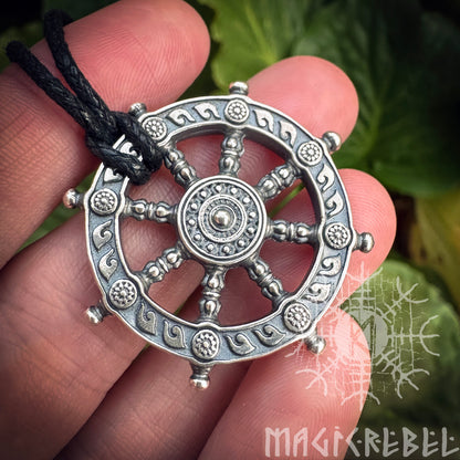 Silver Dharma Necklace, Dharmachakra, Wheel of Life, Samsara Amulet, Buddhist Talisman Pendant