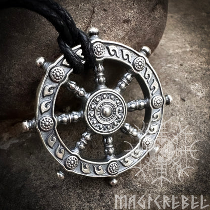 Silver Dharma Necklace, Dharmachakra, Wheel of Life, Samsara Amulet, Buddhist Talisman Pendant