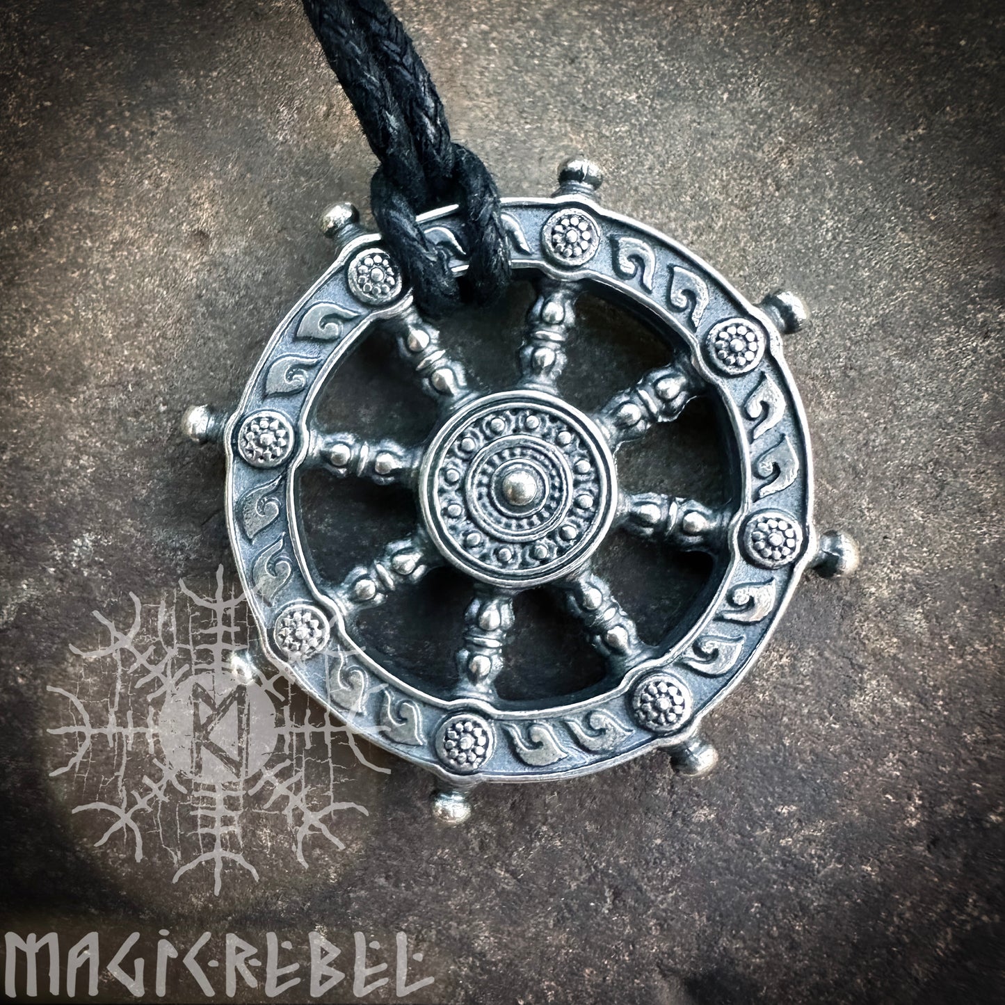 Silver Dharma Necklace, Dharmachakra, Wheel of Life, Samsara Amulet, Buddhist Talisman Pendant