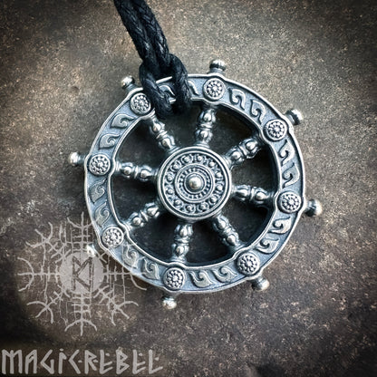 Silver Dharma Necklace, Dharmachakra, Wheel of Life, Samsara Amulet, Buddhist Talisman Pendant
